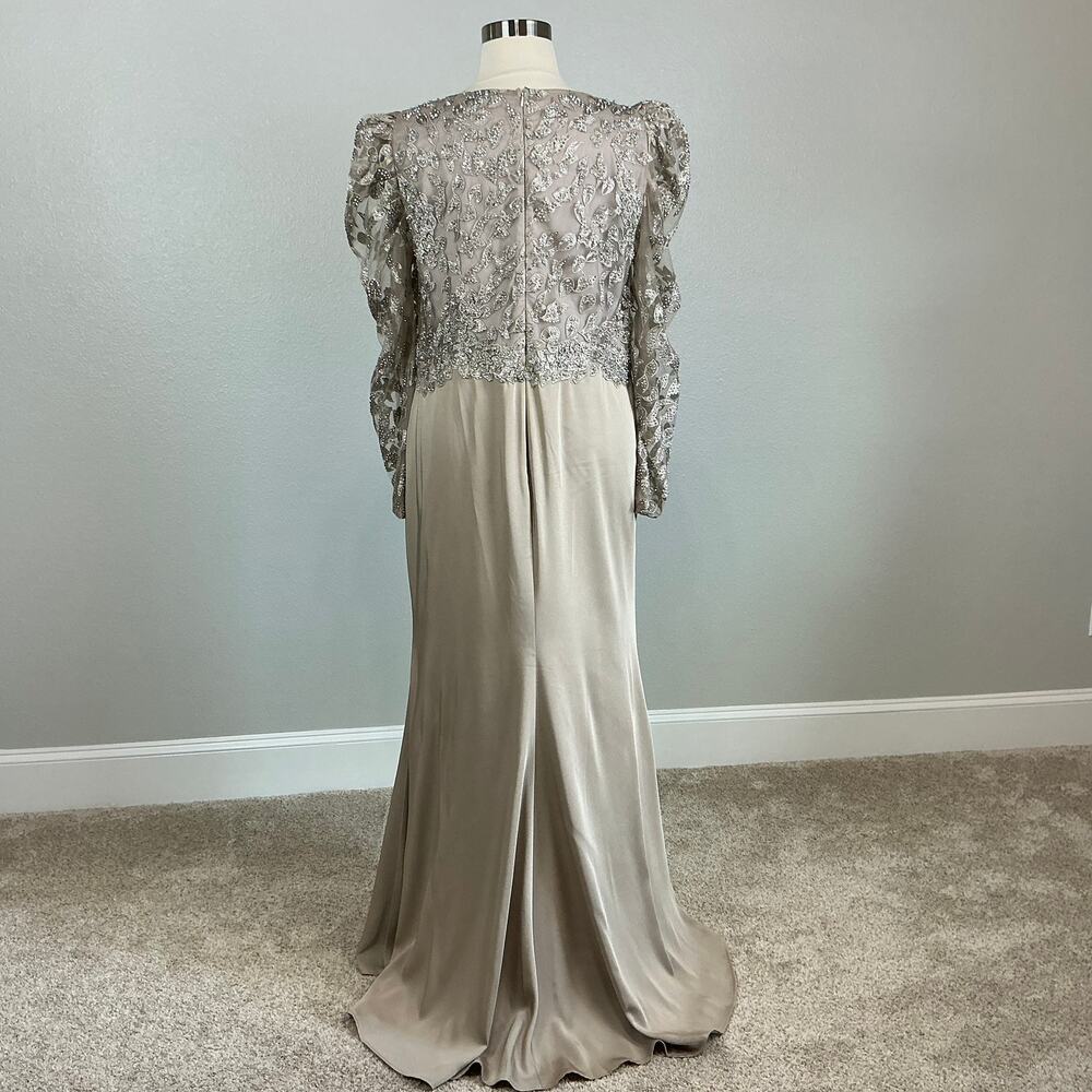 Mac Duggal 20346 Taupe Evening Gown Beaded Long Sleeve A-Line Dress Size 18 - Picture 7 of 12
